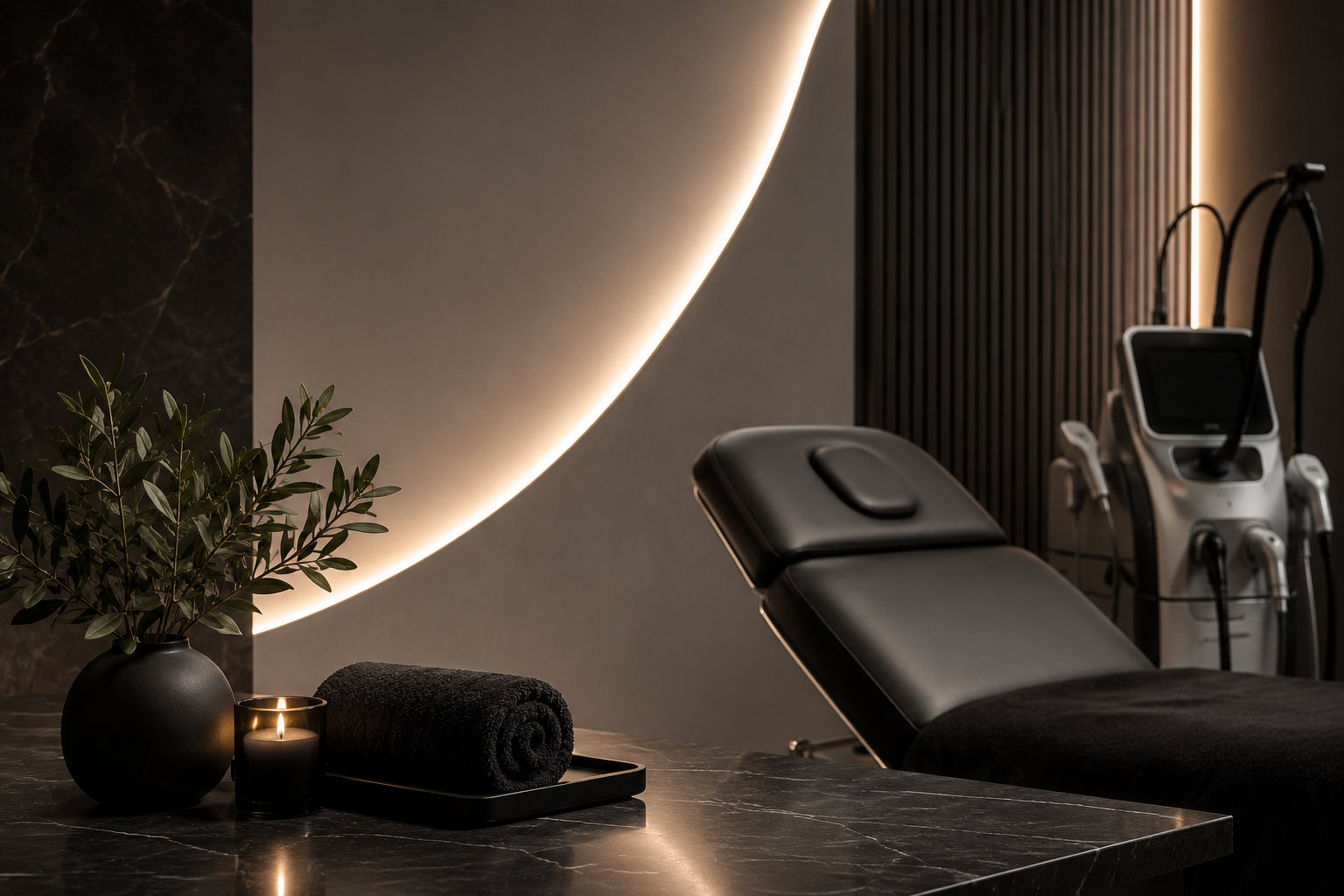 A luxurious Stubble treatment room featuring a premium laser hair removal chair and device