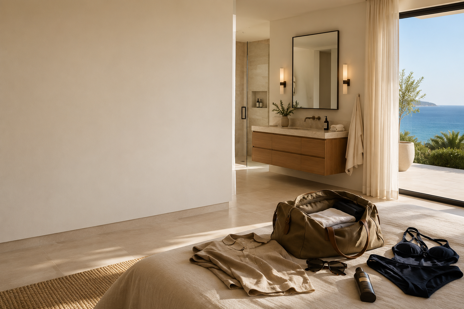 Bright, airy treatment suite with personal essentials, showing the versatility of laser coverage for different body areas