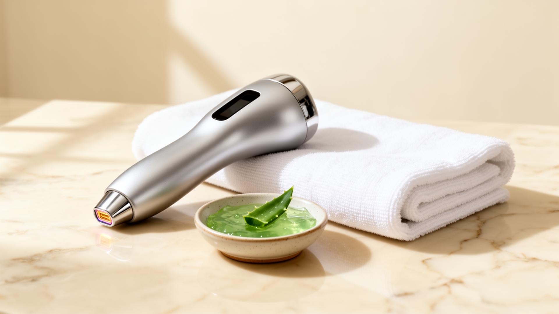 Laser hair removal handpiece resting on a clinical white towel beside aloe gel — Stubble prep essentials